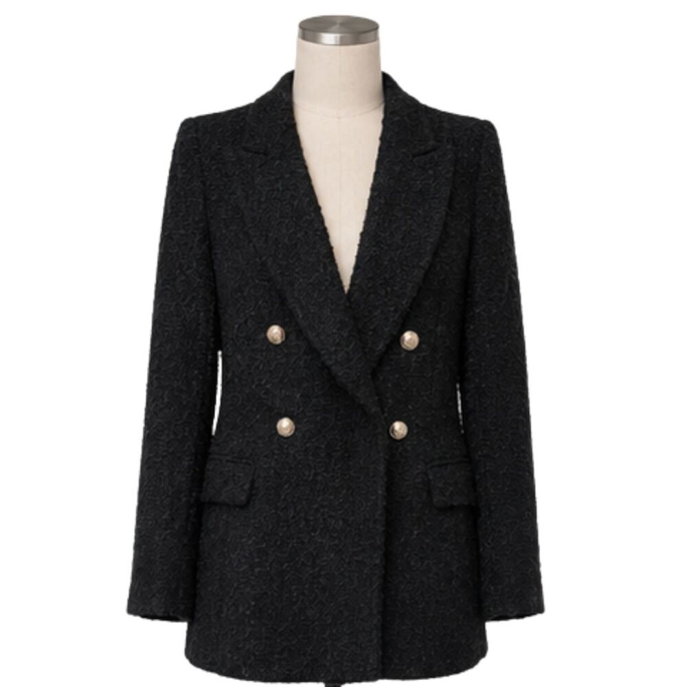 Zara Tweed Blazer Black Double Breasted Gold Button Tailored Jacket. Size S